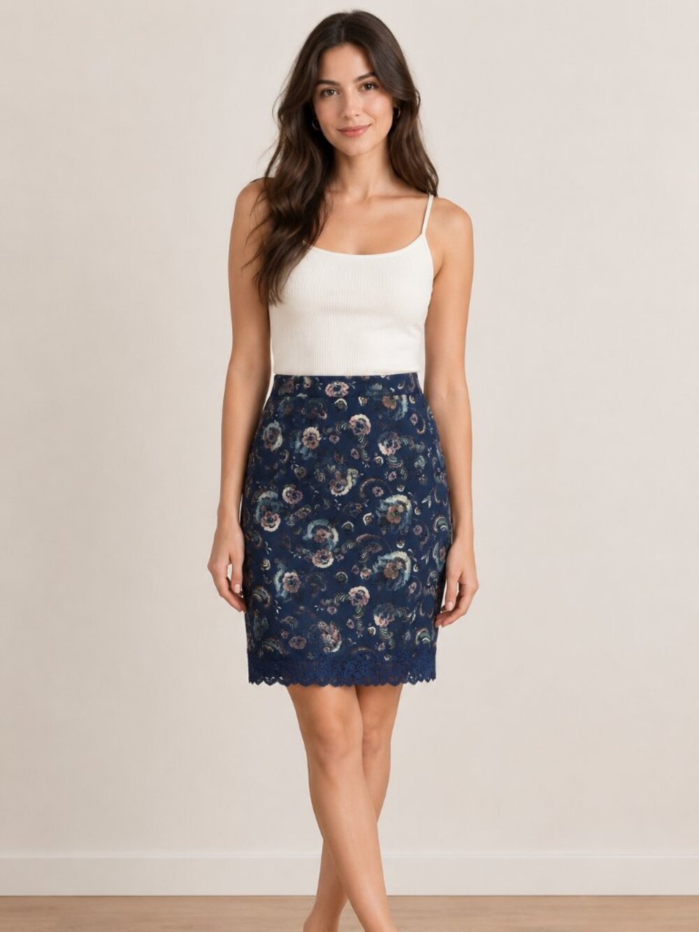 Unique Zara Woman Floral Skirt Size M Made Portugal Romantic Lace Trim Elastic W